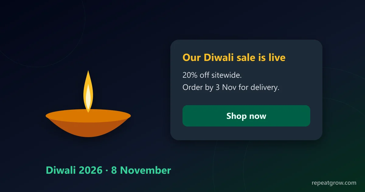 A diya next to a WhatsApp Diwali offer message with a Shop now button